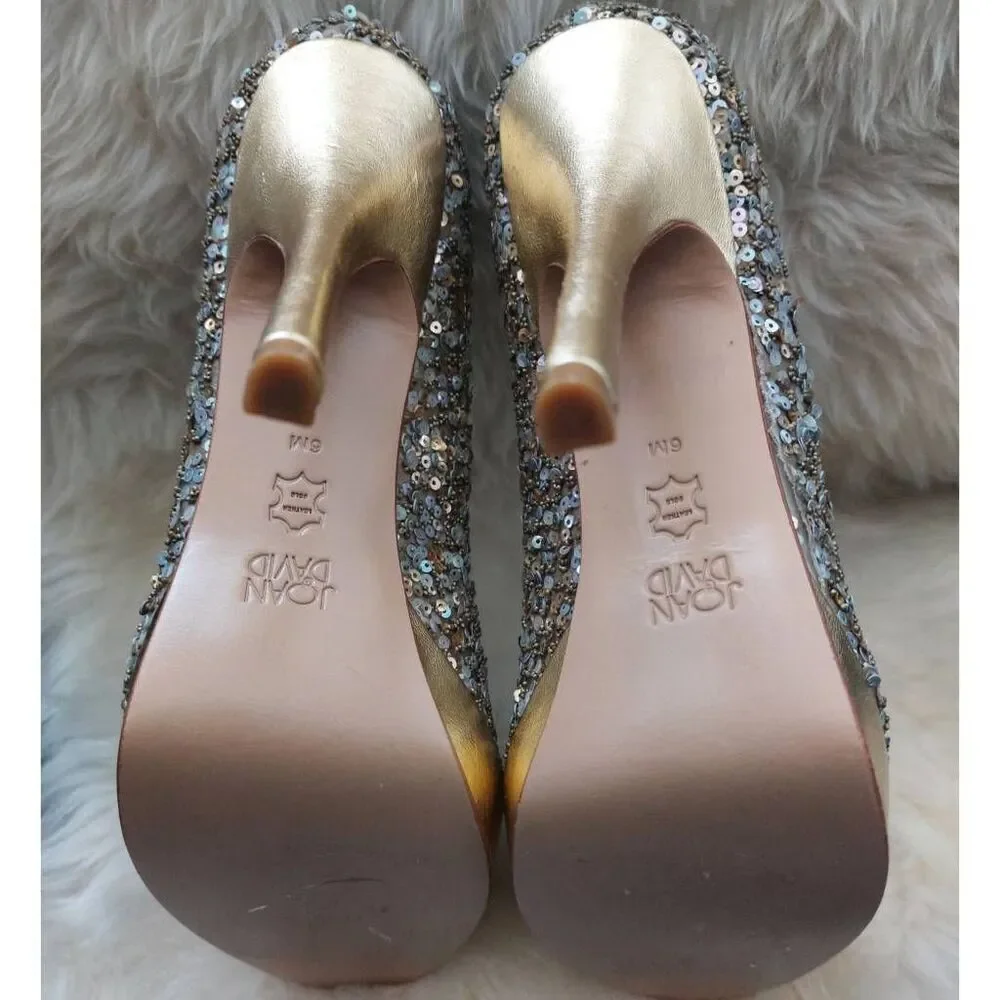 Joan & David Gold Sequin Platform Heels Pumps Size 6 Metallic Glam Party - Picture 8 of 12
